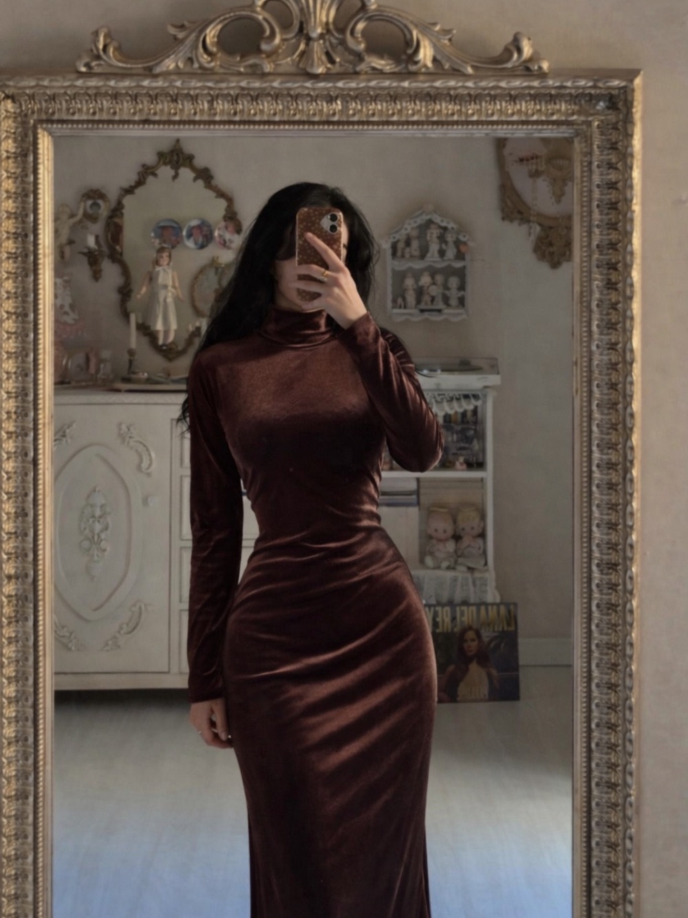 Long Sleeve Velvet Maxi Dress in Deep Brown
